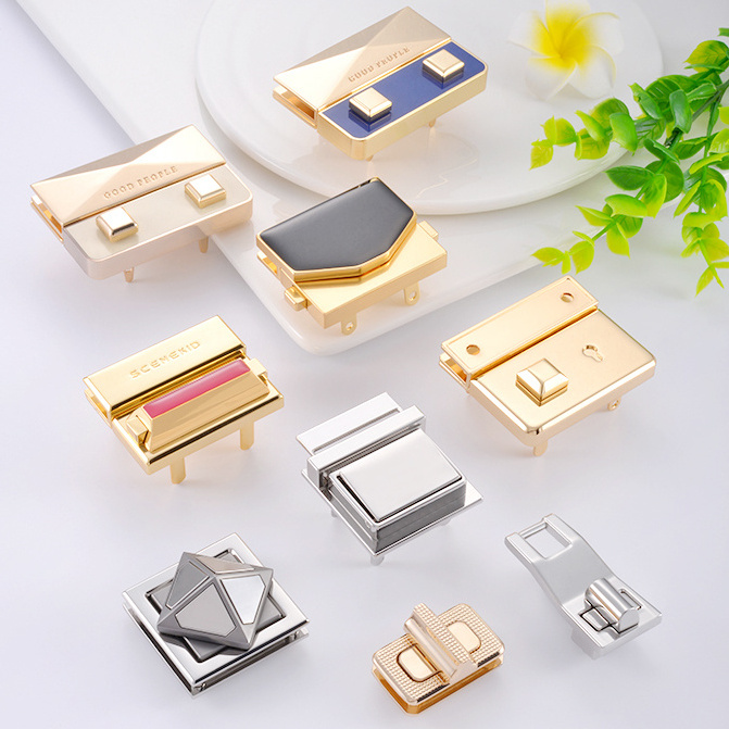 Custom Logo Metal Bag Clasp Press Lock Accessories High Quality Alloy Handbag Push Lock Metal Turn Twist Lock for Women Bag