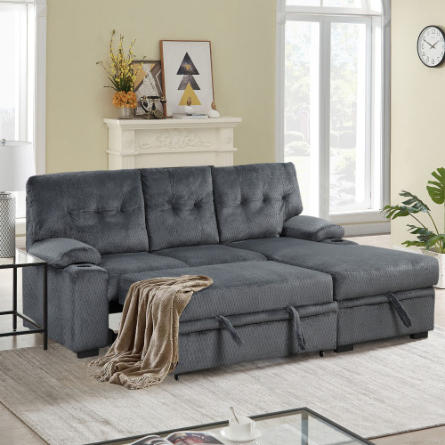 Modern Padded Upholstered Sofa Bed Sleeper Sectional Sofa with Storage Chaise and Cup Holder for Living Room Furniture Set