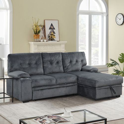 Modern Padded Upholstered Sofa Bed Sleeper Sectional Sofa with Storage Chaise and Cup Holder for Living Room Furniture Set