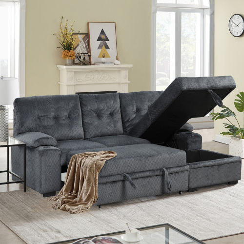 Modern Padded Upholstered Sofa Bed Sleeper Sectional Sofa with Storage Chaise and Cup Holder for Living Room Furniture Set