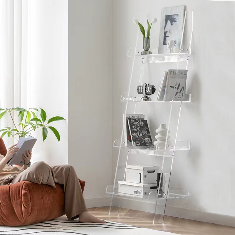 Modern 4 Tier Detachable Clear Lucite Ladder Shelf Bookshelf Acrylic Bookcase with Ladder