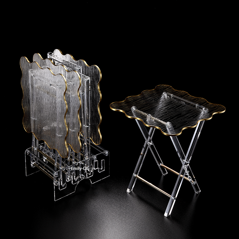 Factory Customize Saudi Arabia Luxury Folding Service Tea Table Set Clear Acrylic Folding Tray Table With Gold Rim