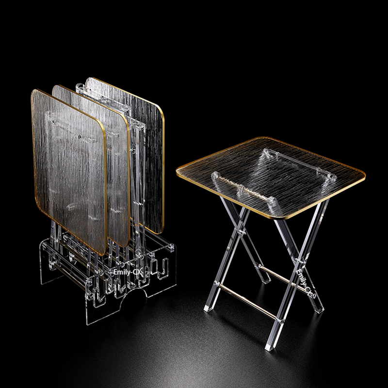 Factory Customize Saudi Arabia Luxury Folding Service Tea Table Set Clear Acrylic Folding Tray Table With Gold Rim