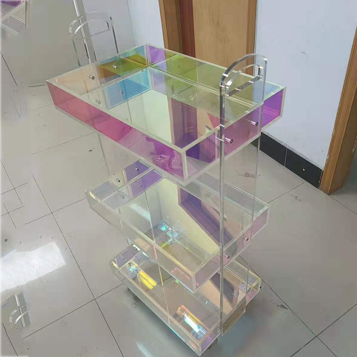 Hotel furniture luggage housekeeping cleaning room service rainbow acrylic trolley Bar Cart  Acrylic Hotel Trolley