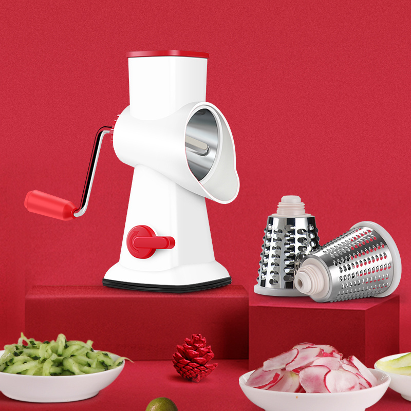 Rotary Cheese Grater Cheese Shredder, Kitchen Manual Cheese Grater with Handle Vegetable Slicer Nuts Grinder 3 Drum Blades