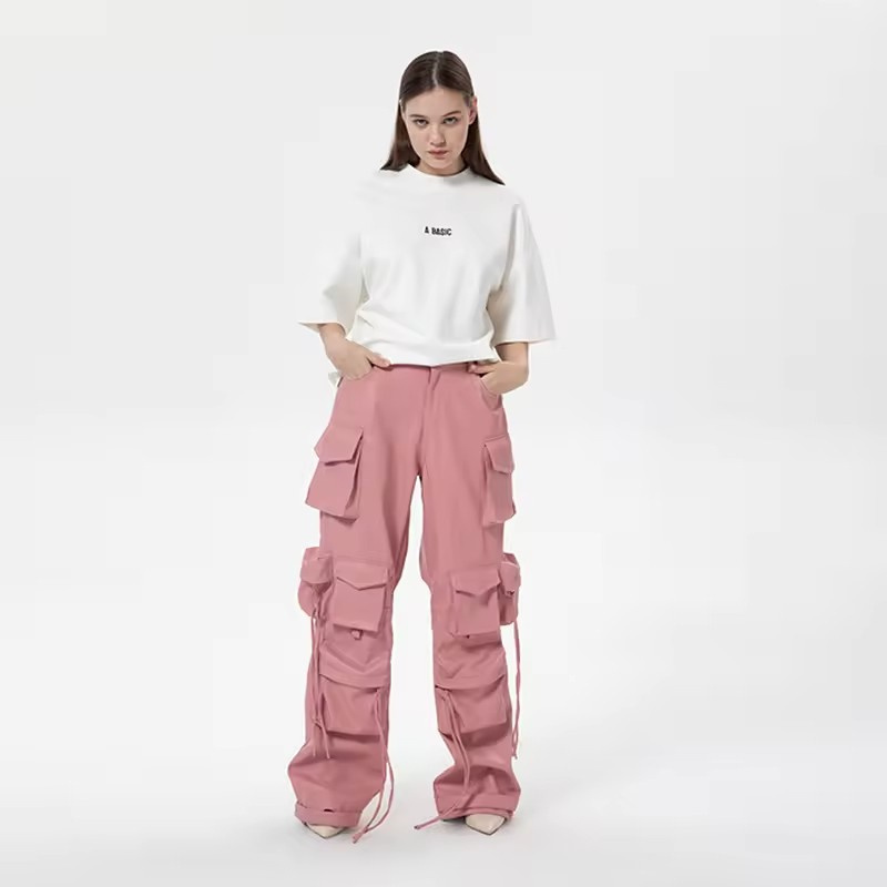 Hip Hop High Waist Trousers Multi Utility Pockets Straight Leg Cargo Pants Pink Faux Leather Baggy Stacked Pants for Women