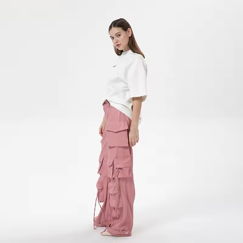 Hip Hop High Waist Trousers Multi Utility Pockets Straight Leg Cargo Pants Pink Faux Leather Baggy Stacked Pants for Women