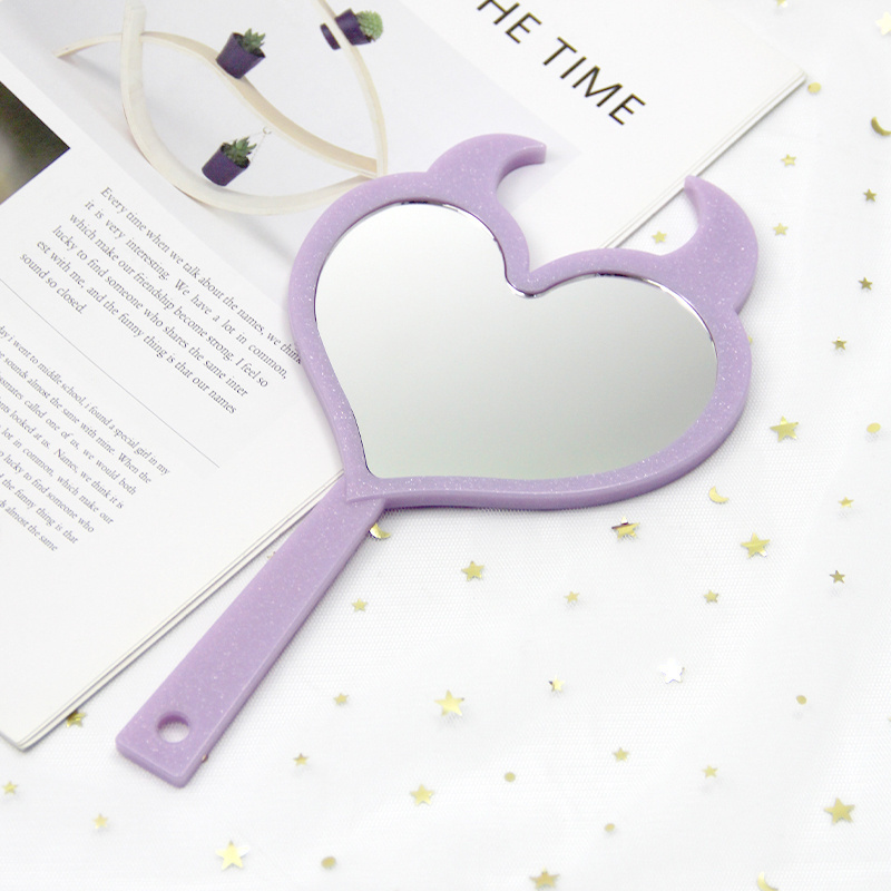 Custom Logo Bulk Wholesale Personalized SPA Salon Cosmetic Cartoon Demon Heart Shape Hand Held Travel Makeup Mirror with Handle