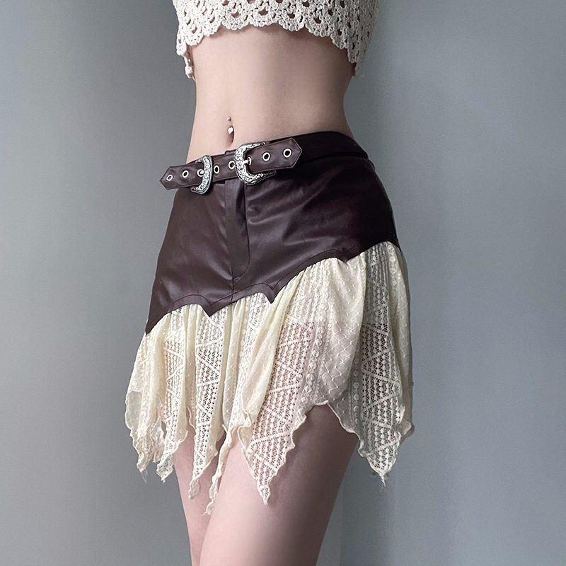 Spicy Girl One Piece Lace Spliced Leather Skirt Women's Low Waist Personalized Belt Slim Fit Pleated Skirt