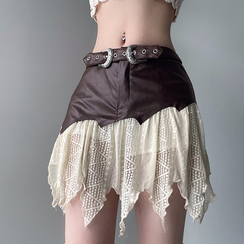 Spicy Girl One Piece Lace Spliced Leather Skirt Women's Low Waist Personalized Belt Slim Fit Pleated Skirt