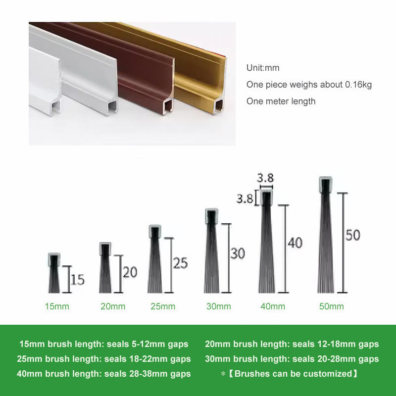 Customized brush length 15/20/25/30/40/50mm door bottom weather brush seal pvc rubber strip aluminum door bottom seal