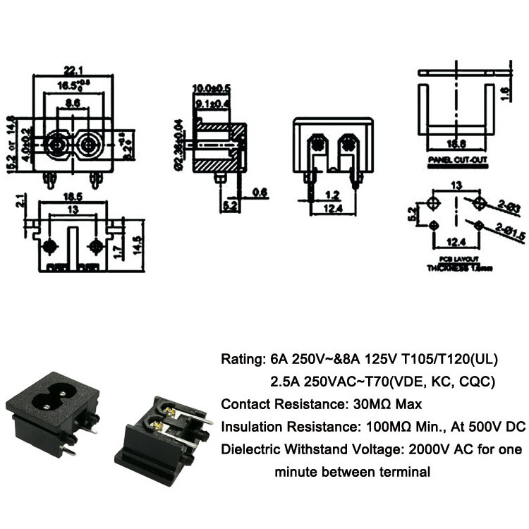 factory iec 60320 c8 2 pin pcb mount 110v male plug inlet ac power socket