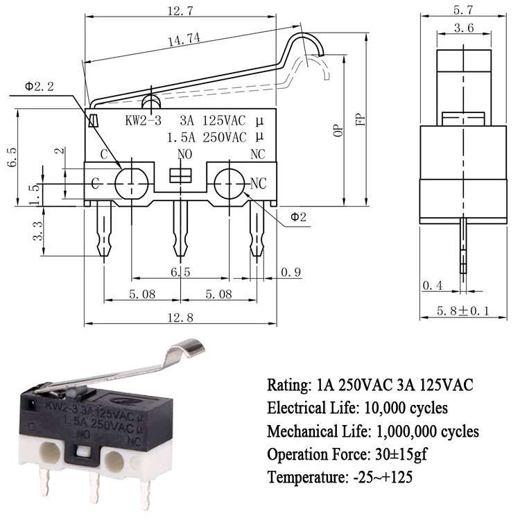 Miniature 25t85  1a 250vac 3a 125v mouse micro switch