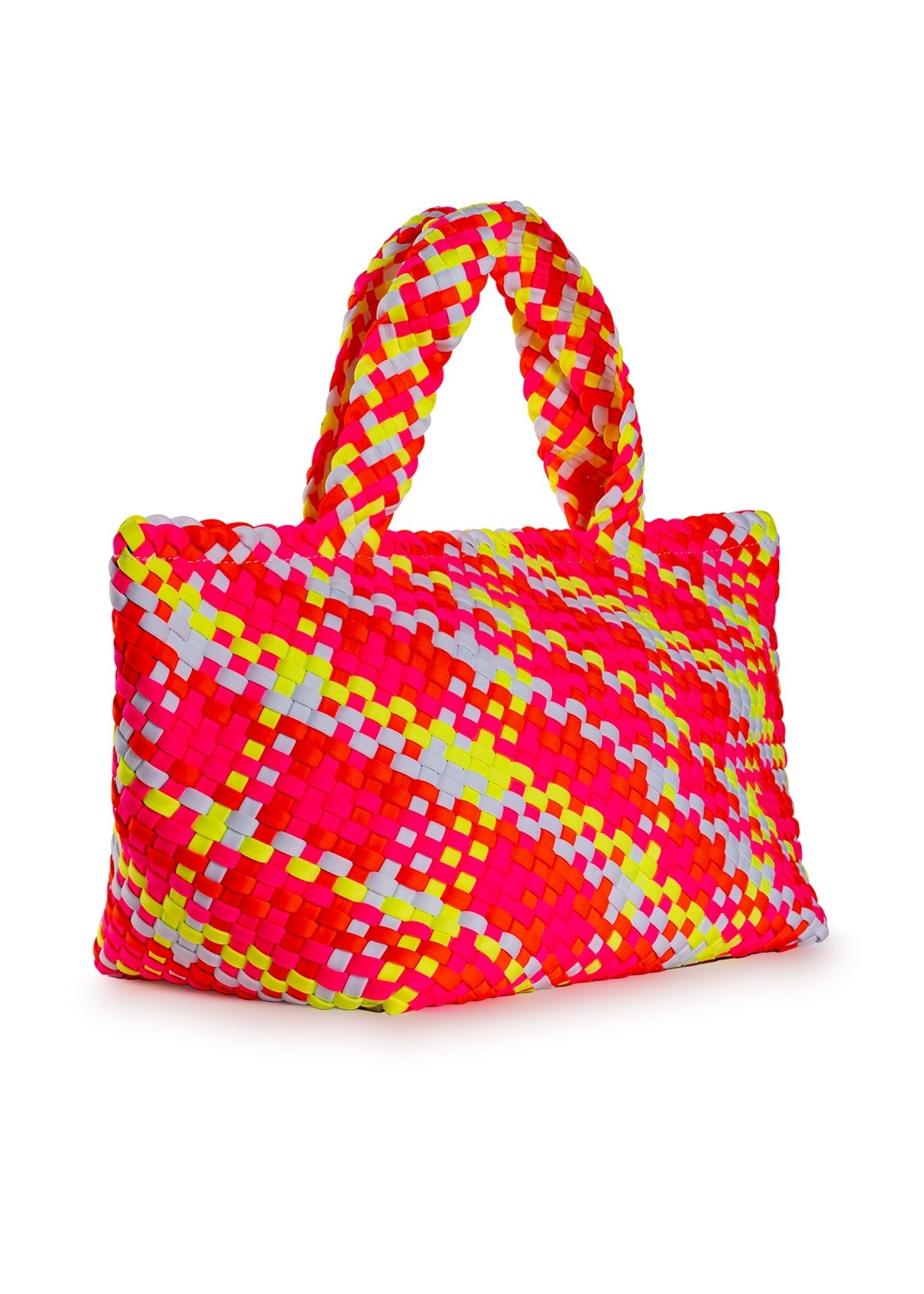 New Arrive Spring Neoprene Woven Handbag Multi woven neon pink Soft Beach Bag Custom Make Hand Weave Tote Bag for women