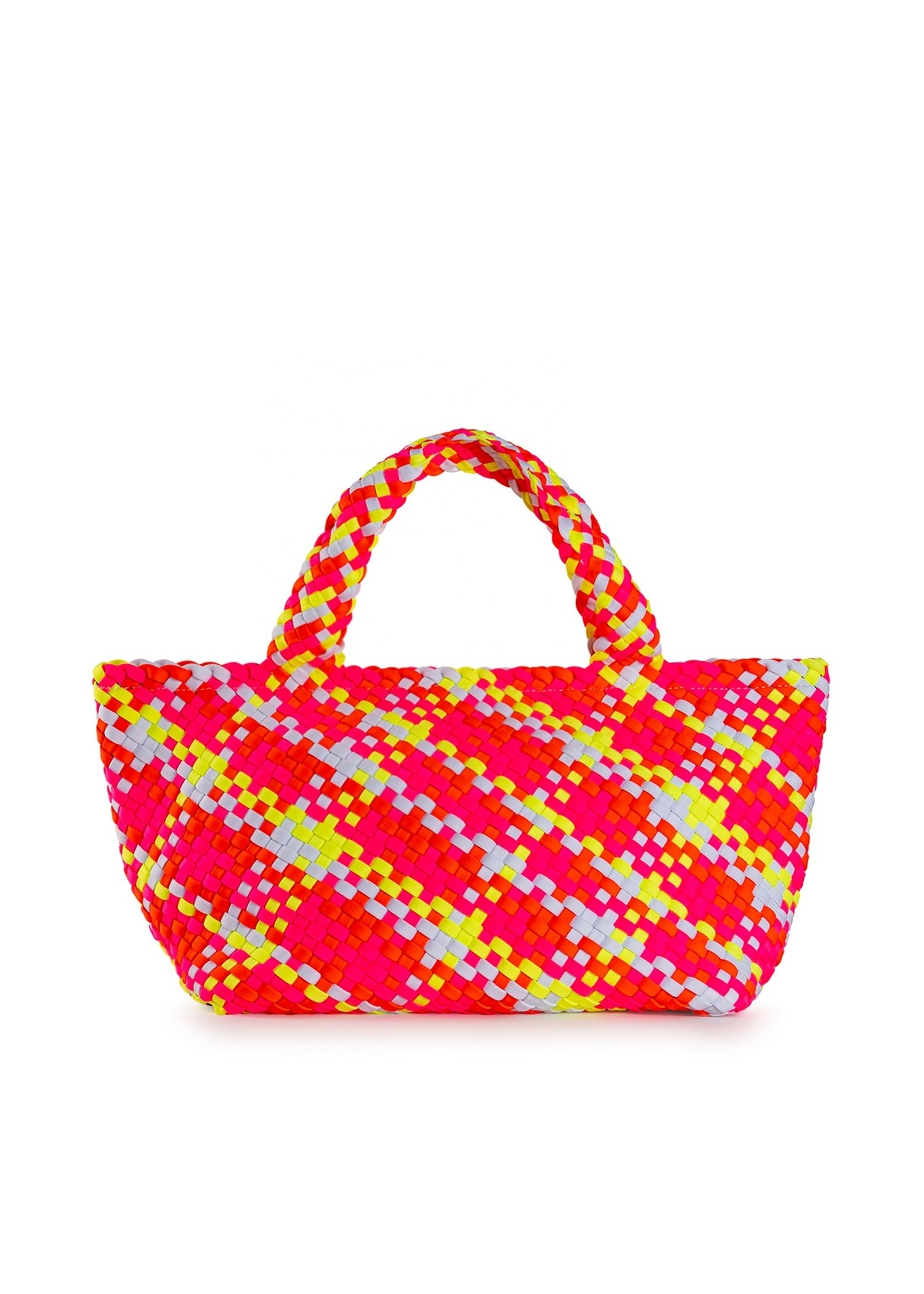 New Arrive Spring Neoprene Woven Handbag Multi woven neon pink Soft Beach Bag Custom Make Hand Weave Tote Bag for women