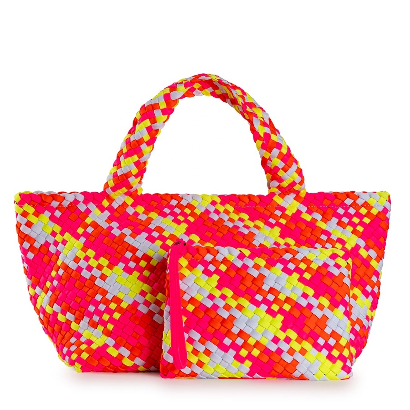 New Arrive Spring Neoprene Woven Handbag Multi woven neon pink Soft Beach Bag Custom Make Hand Weave Tote Bag for women