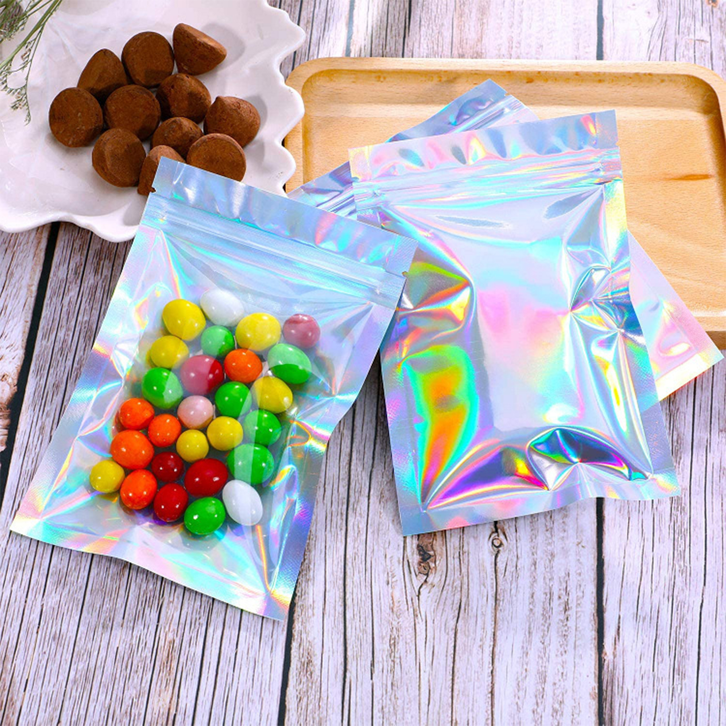 Custom Printed Transparent Holographic Laser Film Bag Resealable Mylar Ziplock Bag Heat Seal Zipper Laser Bag