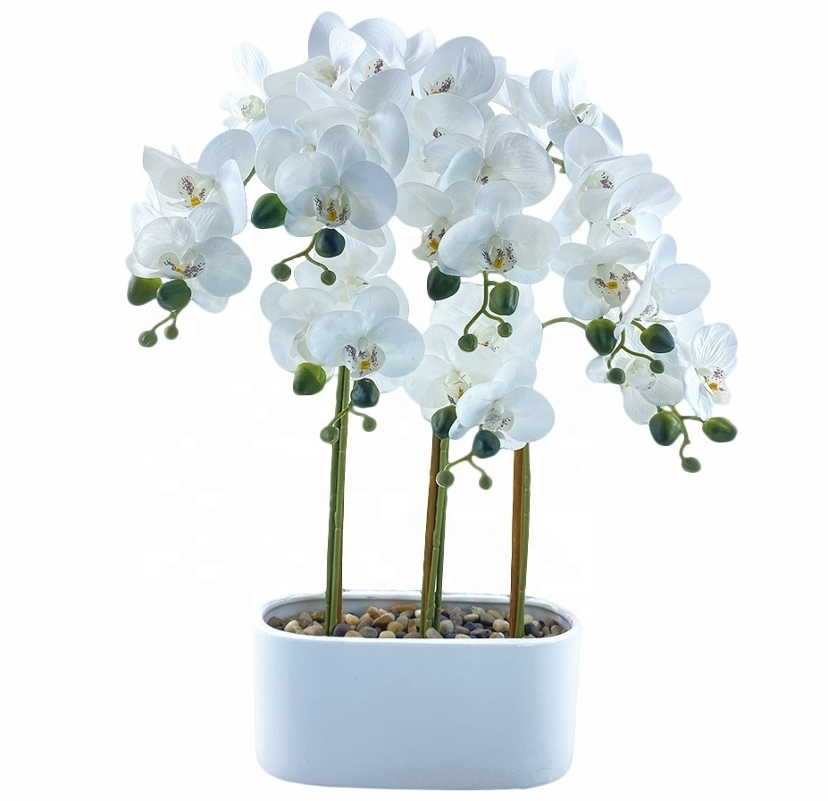 Artificial flower wall Wholesale Pure White Artificial Butterfly Orchid Flowers With Cement Pot Silk Phalaenopsis Flowers