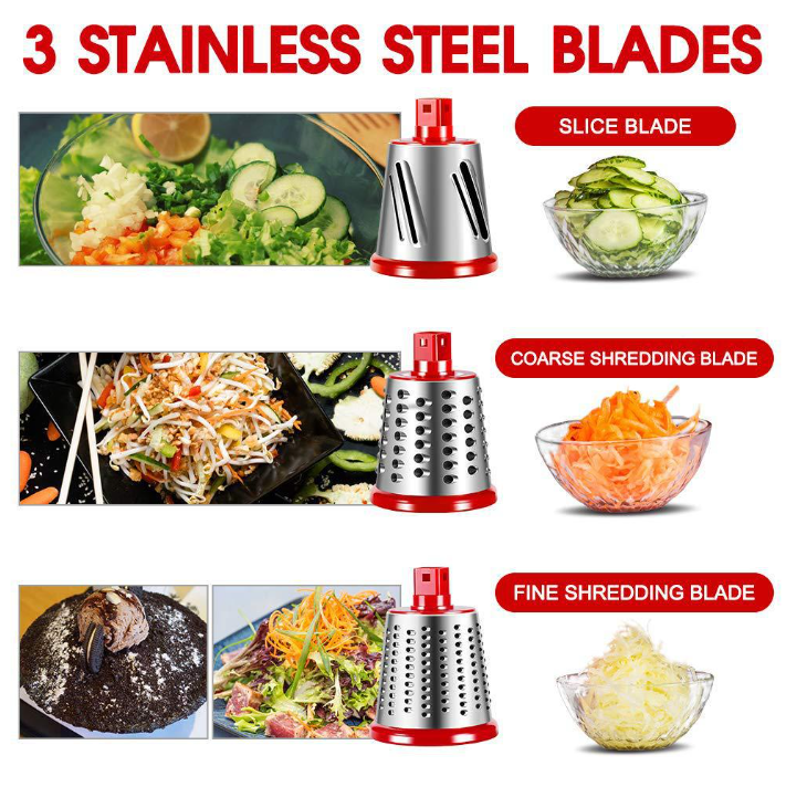 Rotary Cheese Grater Shredder Food Grinder Veggie Round Mandolin Slicer Vegetable Cutter with 3 Stainless Steel Drum Blades