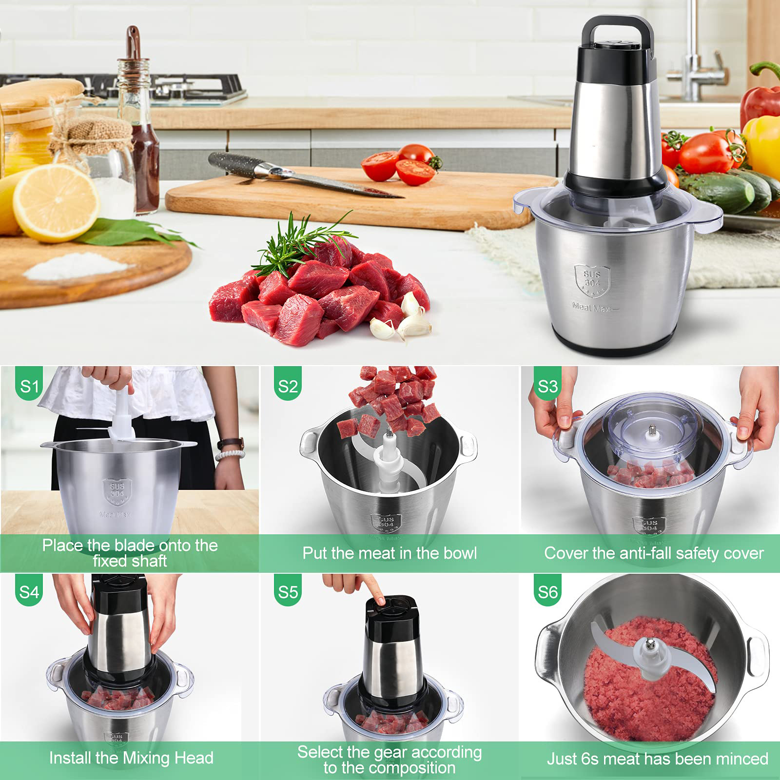 Wholesale 304 Stainless Steel Bowls Electric Food Processors Meat Grinders Chopper for Onion Fruits Vegetables Ground Beef