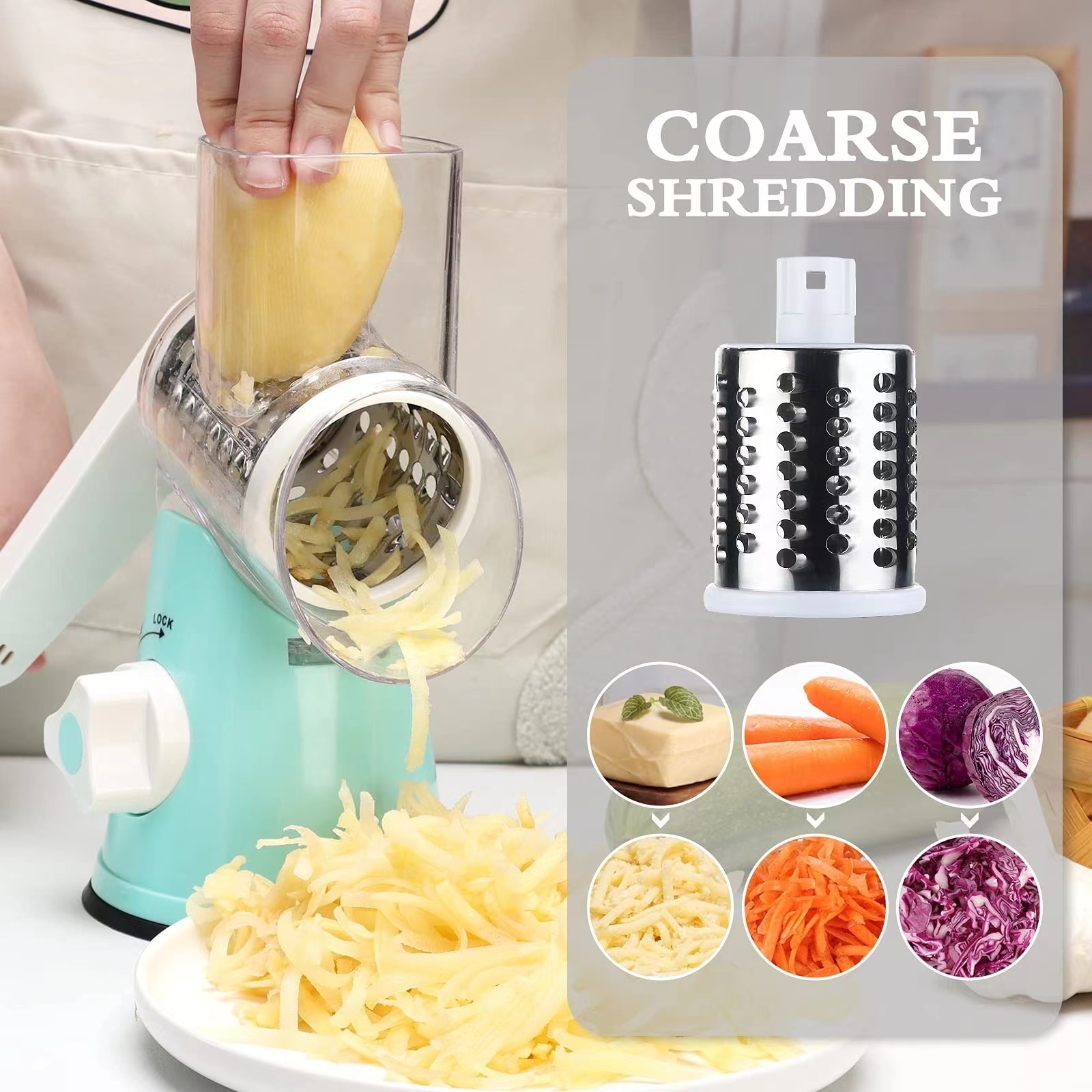 Multifunctional 3 In 1 Rotary Cheese Grater Cheese Shredder Vegetable Cutter Slicer Chopper With Handle