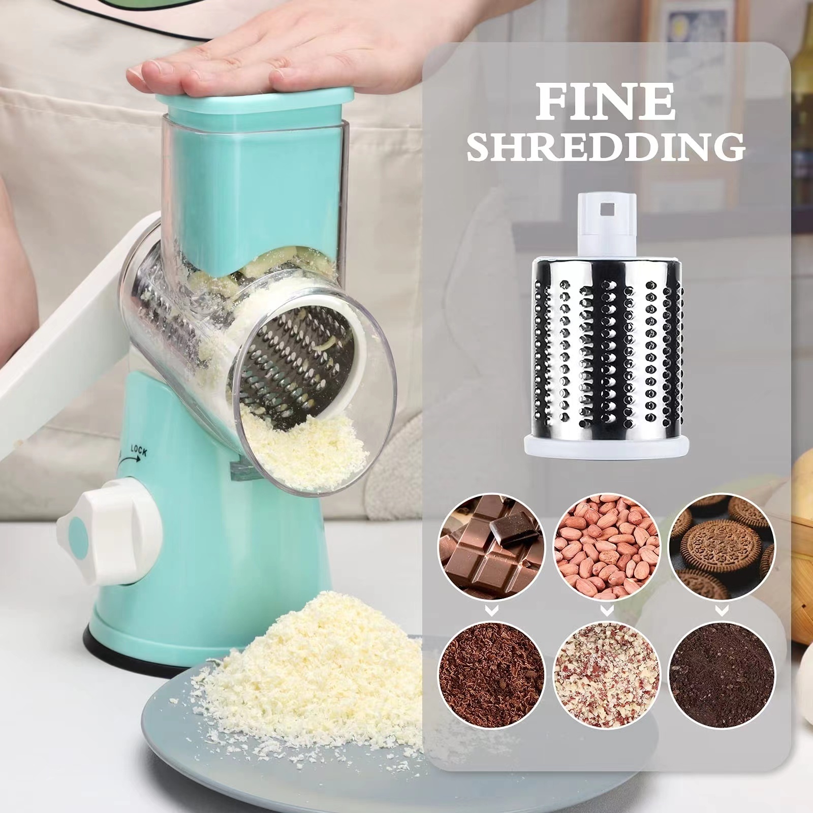 Multifunctional 3 In 1 Rotary Cheese Grater Cheese Shredder Vegetable Cutter Slicer Chopper With Handle