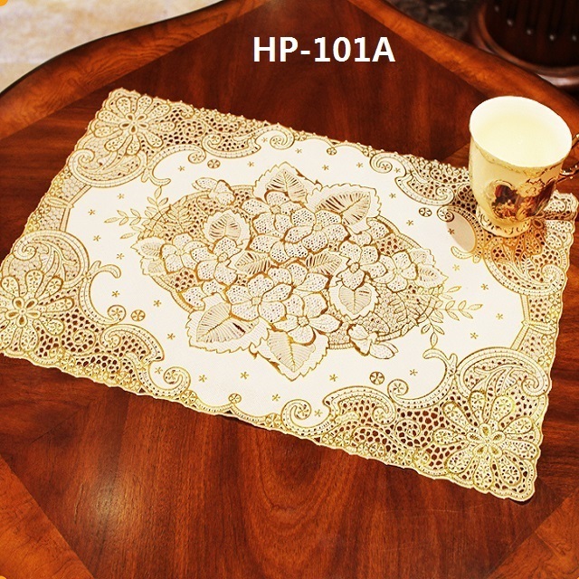 Rectangle shape gold embossed PVC table mat anti slip protective heat resistant decorative table plastic lace place mat 30*46 cm