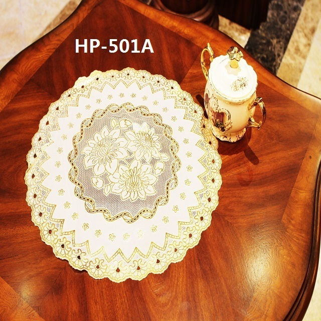 Hot sale eco-friendly round golden lace pvc placemat table mat doilies