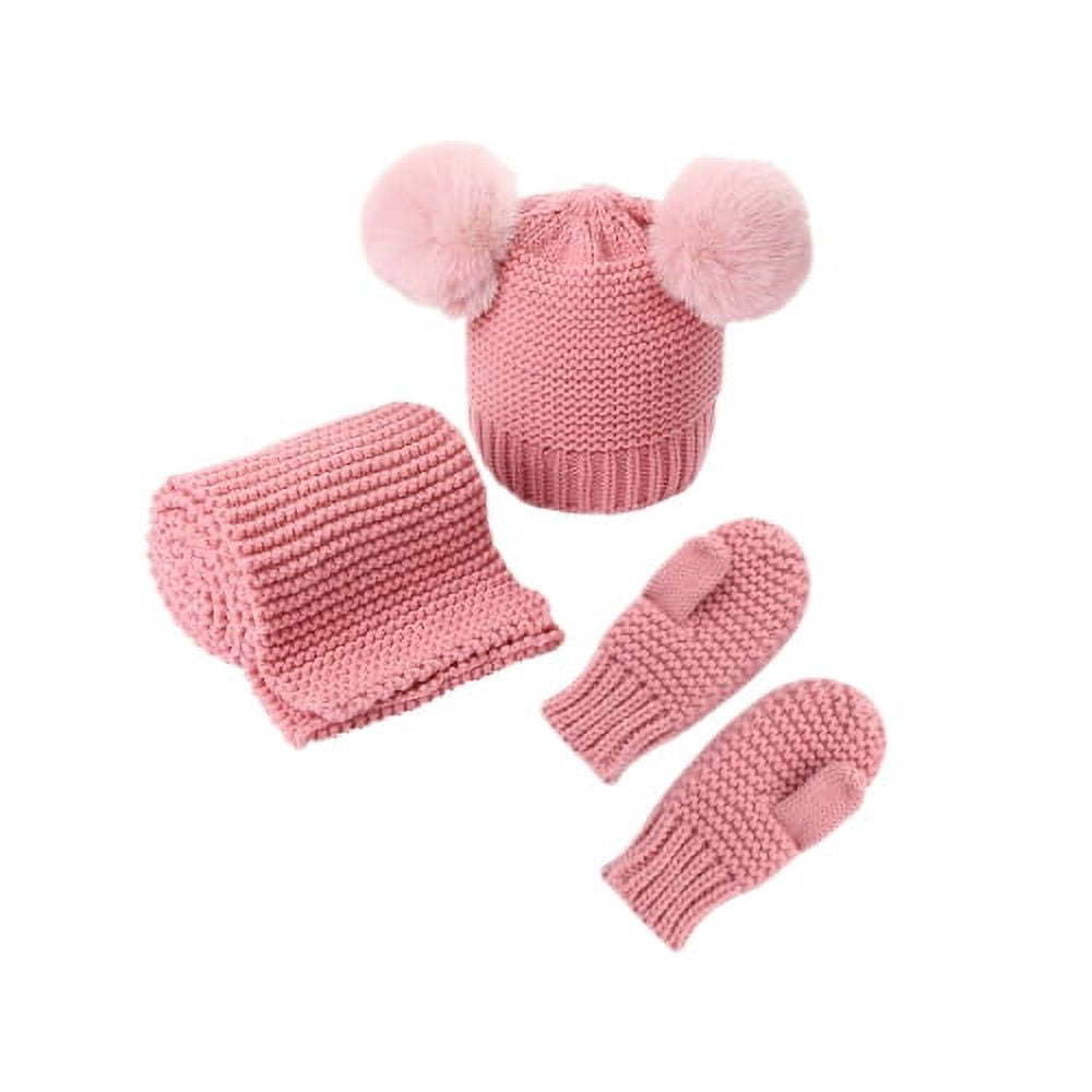 Wholesale Custom Kids Winter Pom poms Beanie Hat Scarf Mittens Set Baby Toddler Knitted Hat Neck Warmer Gloves