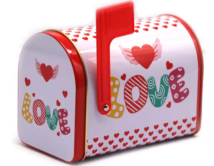 Valentine's Day Gift Tin can Mailbox Shape Metal box with Hinge and red flag