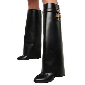 Golden Lock Belt Leather Knee High Boots Wedges High Heel Brand Design Shark Boots 2022 New Slip On Genuine High Quality Shoes