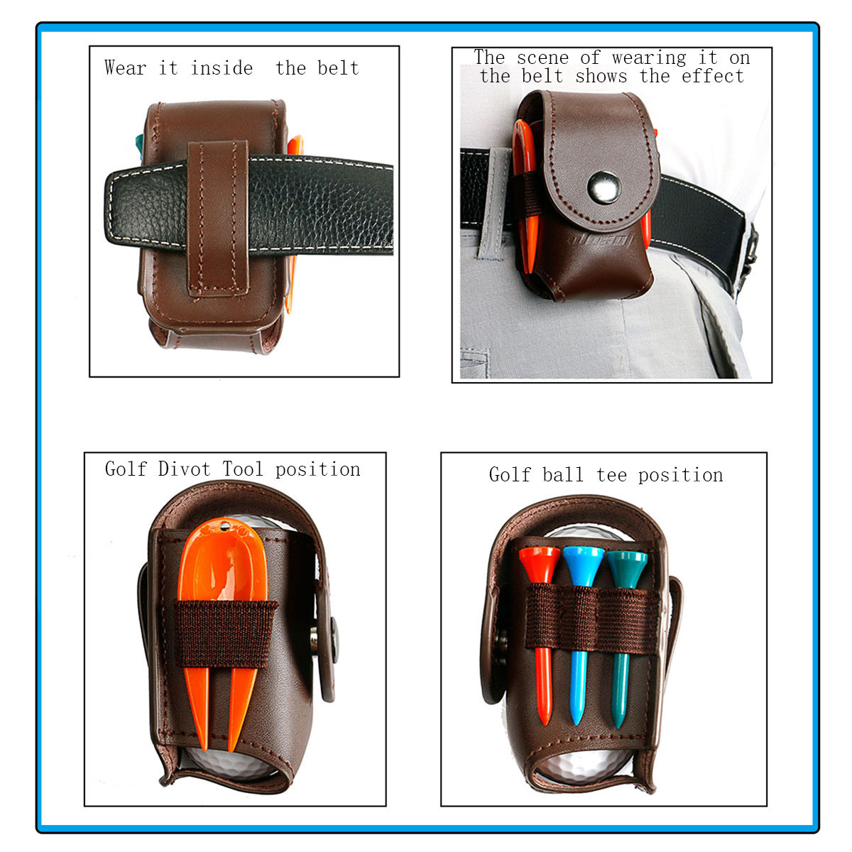 Wholesale genuine leather Golf Ball Bag Mini Golf Ball Holder Pouch Case with tee and golf divot tool