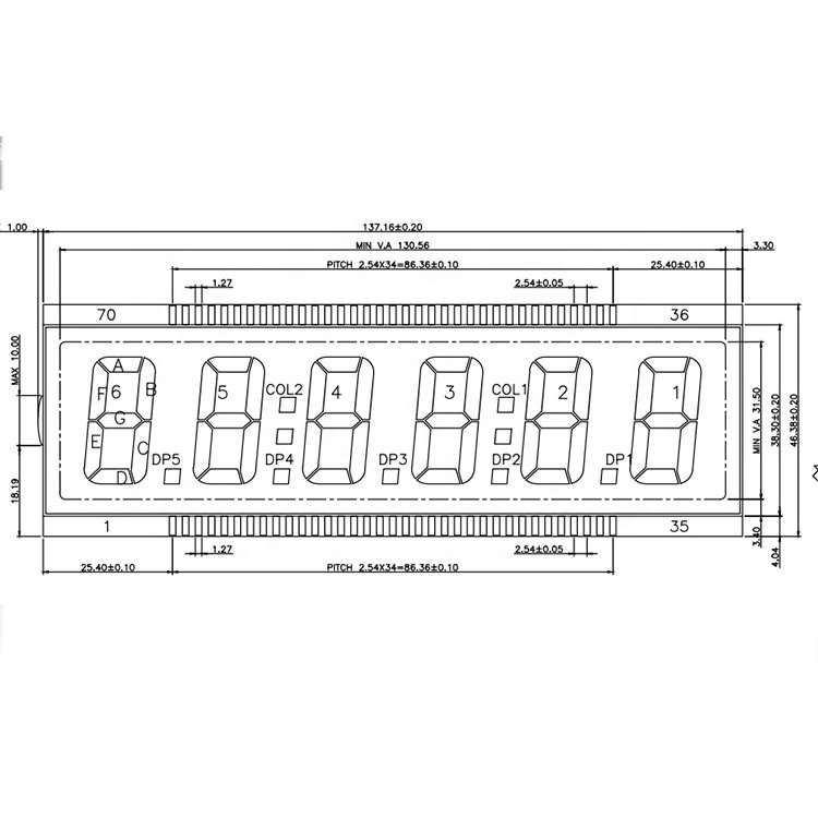 ET-24452 6 digit 7 segment custom design LCD module 70 pins serial interface monocolor fuel dispenser  lcd display