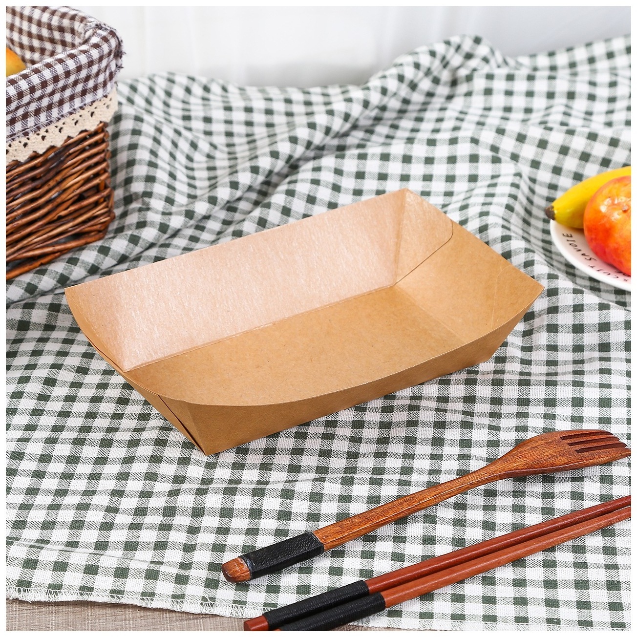 Wholesale Rectangular Boat Baking Trays Cardboard Kraft Foods Chips Trays Disposable Takeout Kraft Paper Sushi Tray