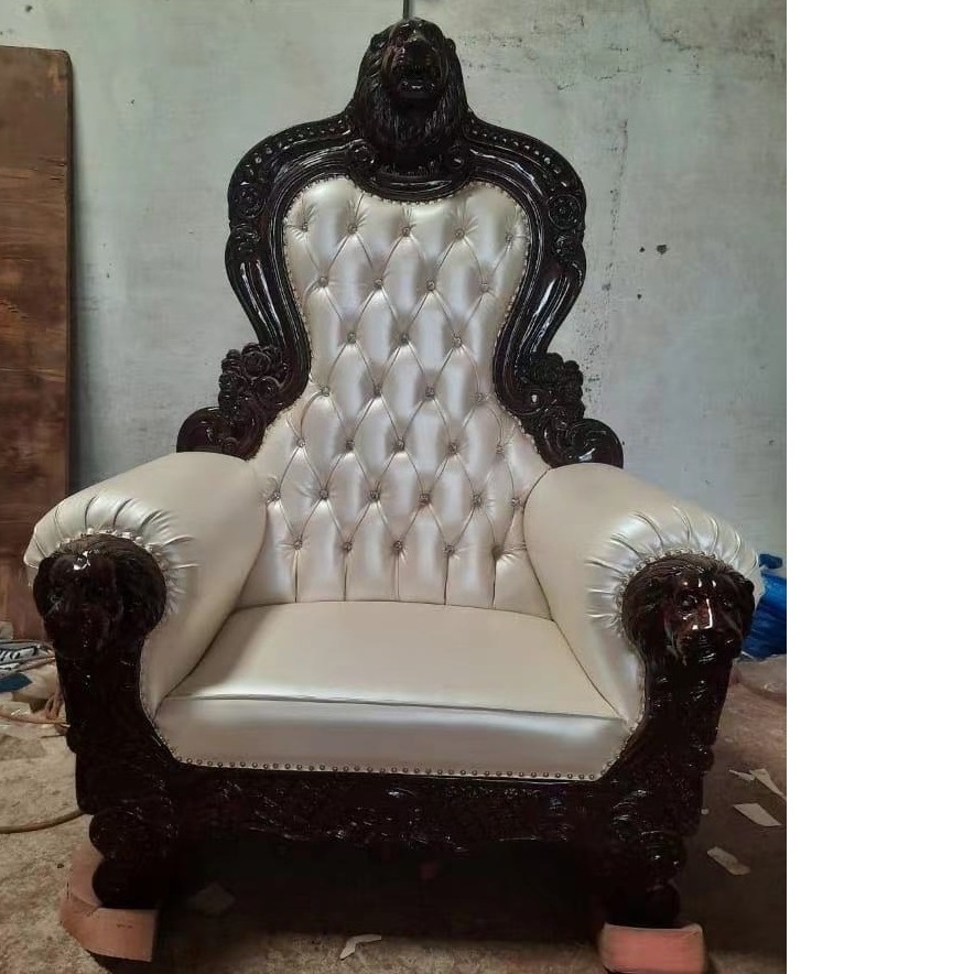 Antique High White King Throne Luxury Lion Head Carved Wooden Chair Dining Big Size Golden Wedding Royal Bridal Maharaja Chair