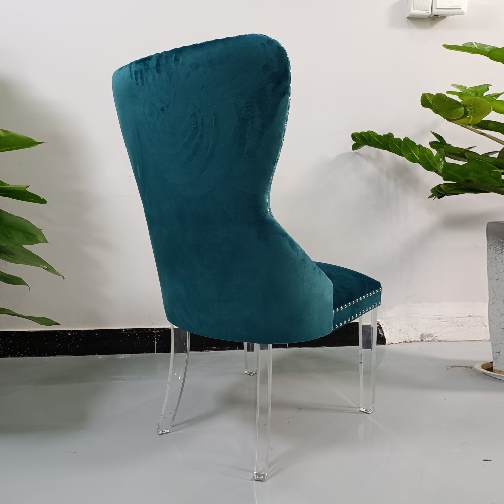 Clear Acrylic Dining Chairs with Transparent Leg and Blue Green Velvet Seat Leather Material Accent Chairs