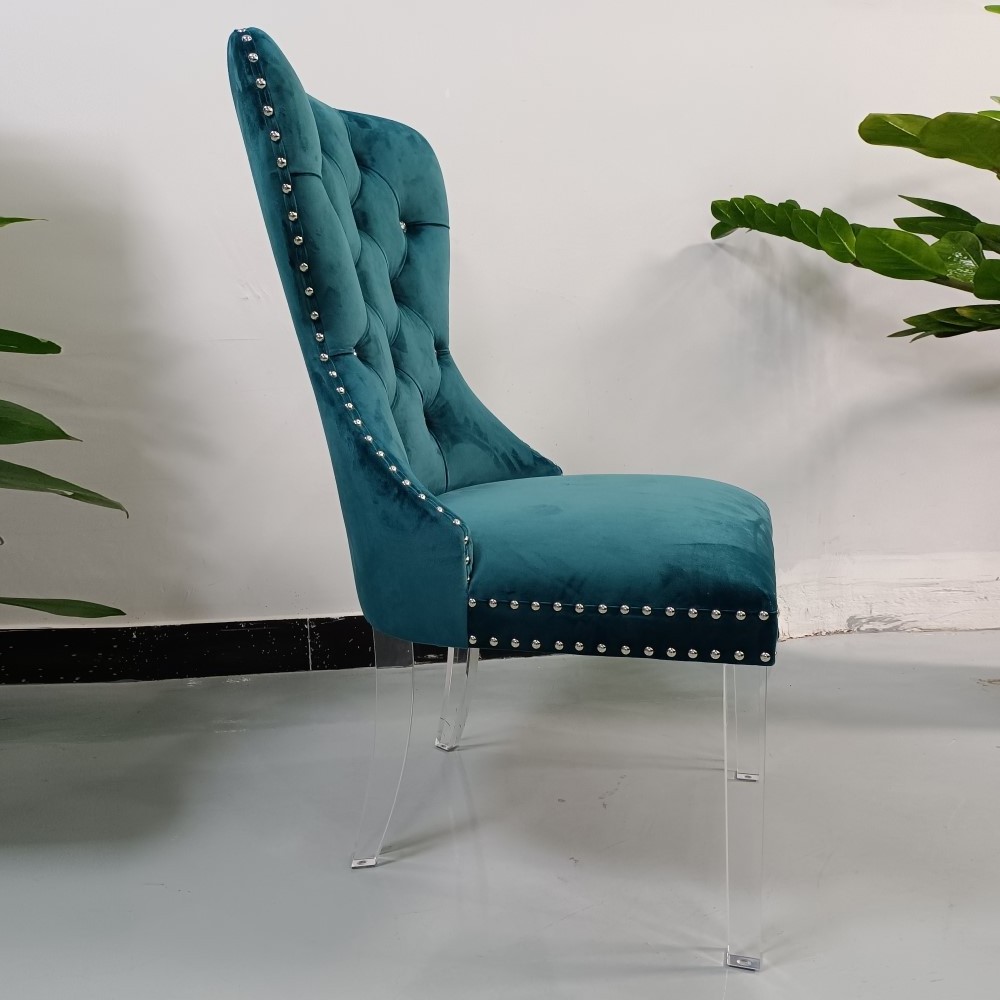 Clear Acrylic Dining Chairs with Transparent Leg and Blue Green Velvet Seat Leather Material Accent Chairs