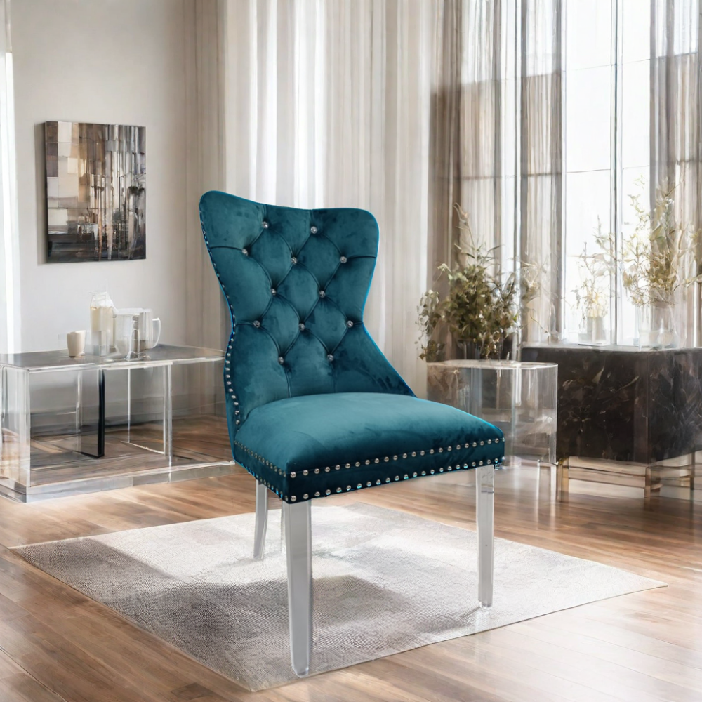 Clear Acrylic Dining Chairs with Transparent Leg and Blue Green Velvet Seat Leather Material Accent Chairs