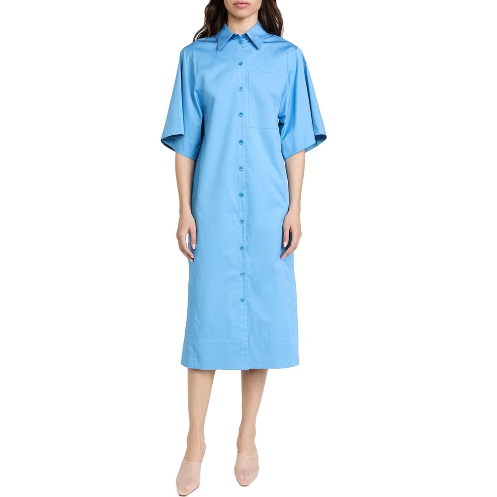 Collared Neckline Elbow-length Wide Sleeves Patch Breast Pockets Button Placket Hidden Pockets Knee-high Side Slits Shirt Dress