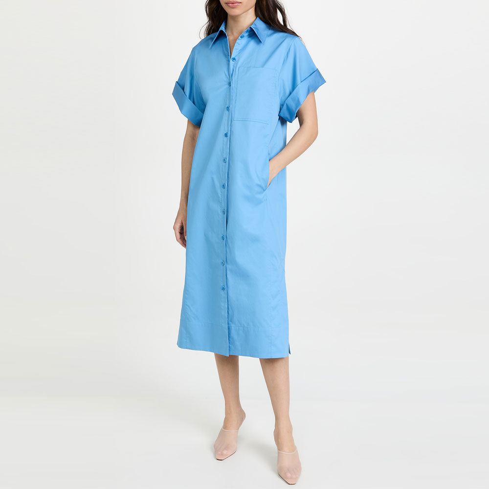 Collared Neckline Elbow-length Wide Sleeves Patch Breast Pockets Button Placket Hidden Pockets Knee-high Side Slits Shirt Dress