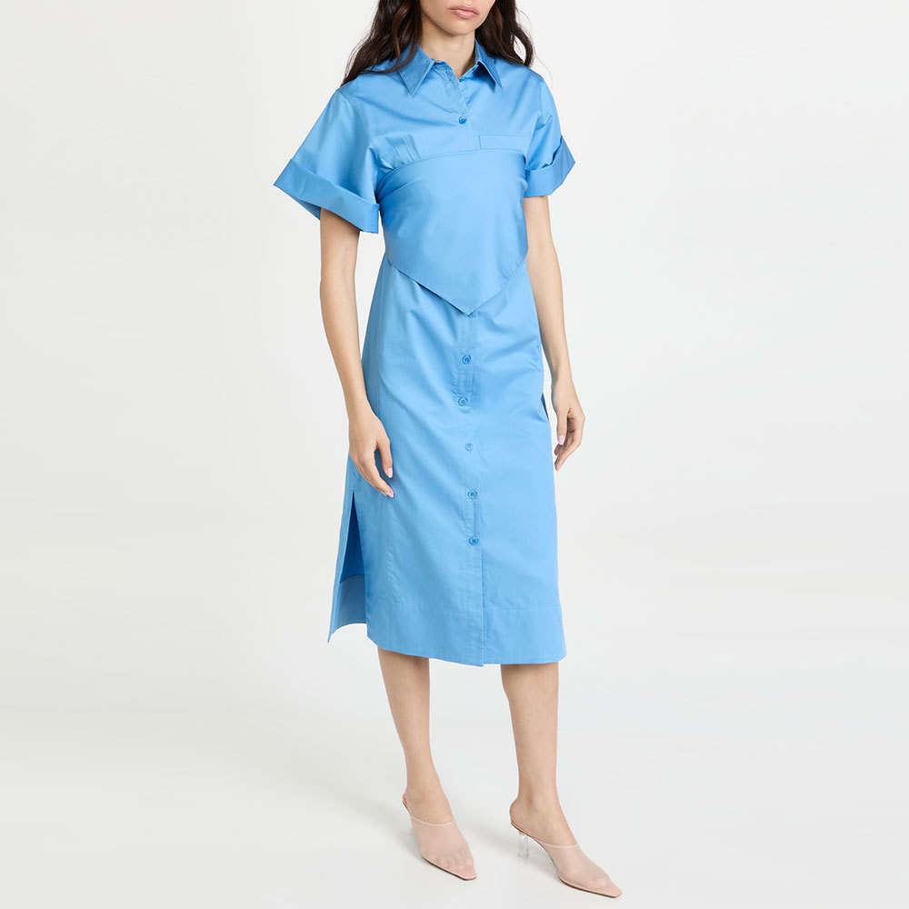 Collared Neckline Elbow-length Wide Sleeves Patch Breast Pockets Button Placket Hidden Pockets Knee-high Side Slits Shirt Dress