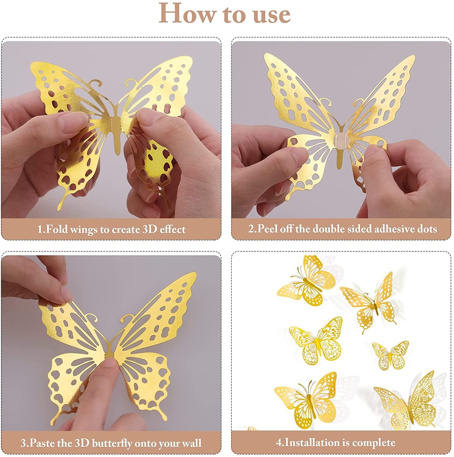 3D Butterfly Wall Decor Gold Butterfly Crafts Labels for Butterfly Birthday Party Decorations Removable Wall Stickers Room Decor