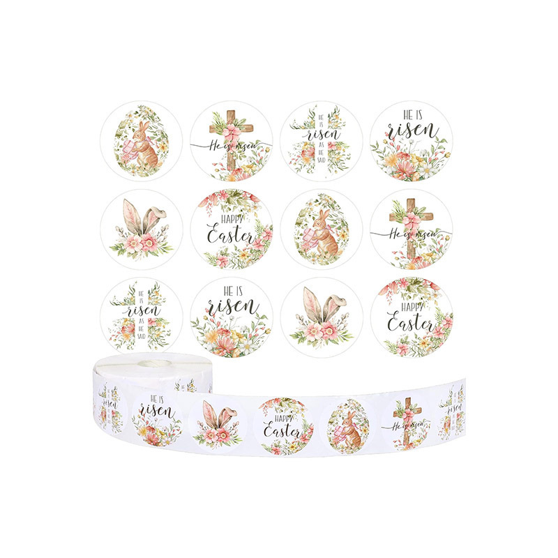 Floral Religious Watercolor Bunny Egg Christian Round Stickers He is Risen Print Label Self-Adhesive for Easter Holiday Party