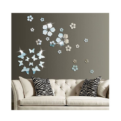 3D Acrylic Mirror Wall Sticker Removable Mural Stickers Decal Silver Foil Flower Butterfly Mirror Wall Stickers for Home Decor