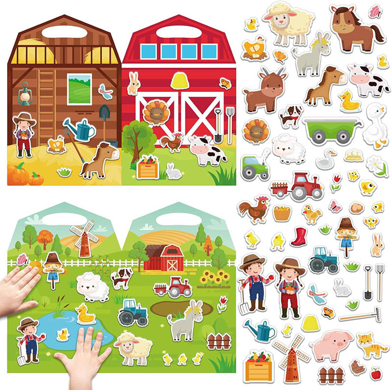 3D Puffy Sticker Play Set Kids Gifts Sticker Book Gel Clings Decals Decoration Removable Reusable Puffy clings 2 Fold-Out Scenes