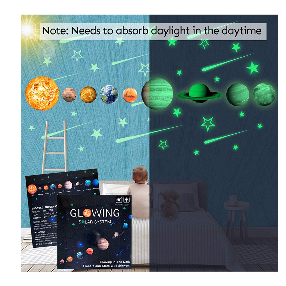 Custom  Stars and Planets Bright Solar System Wall Stickers Glowing Ceiling Decals for Kids Bedroom Shining Space Decoration