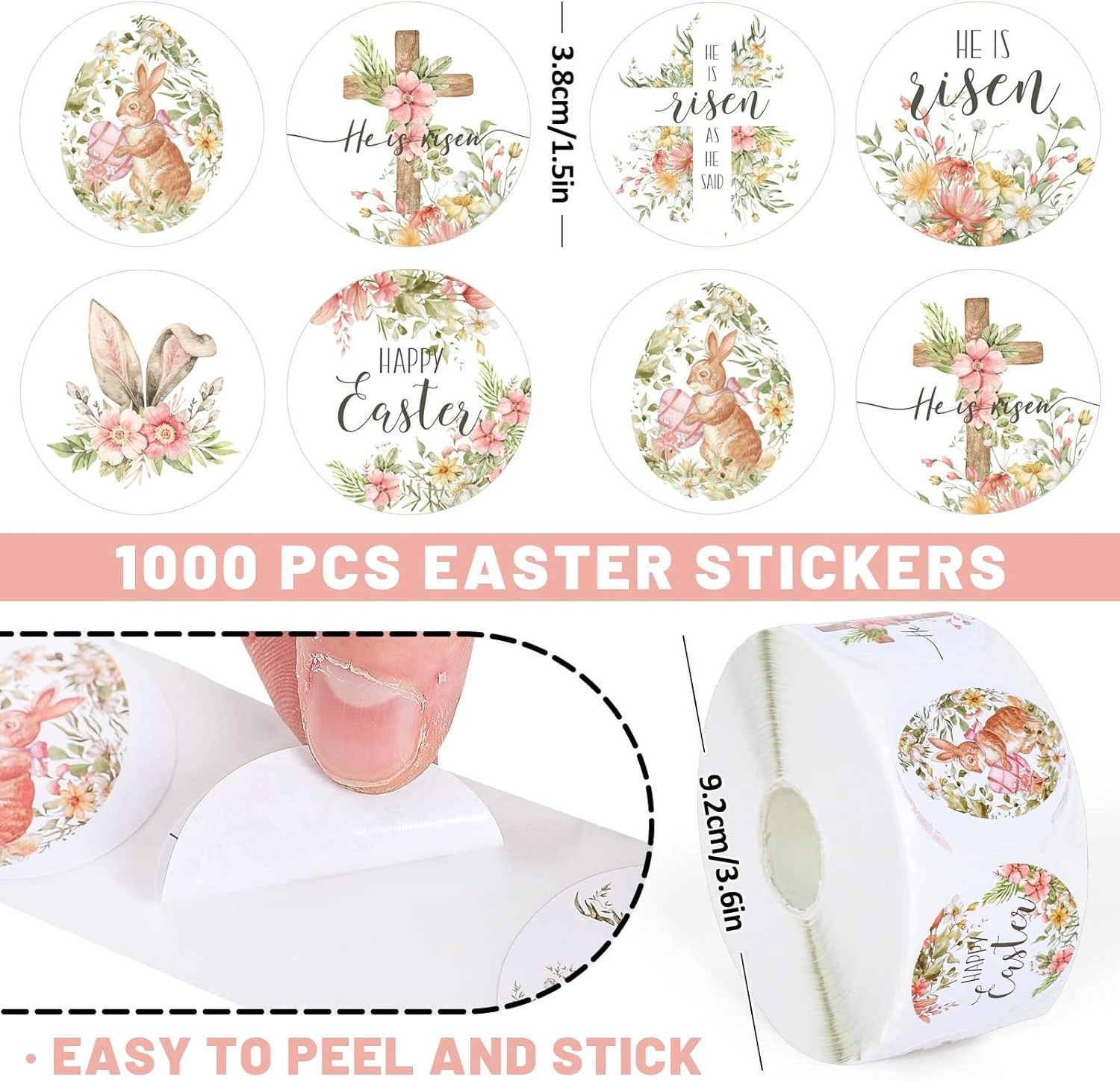 Floral Religious Watercolor Bunny Egg Christian Round Stickers He is Risen Print Label Self-Adhesive for Easter Holiday Party