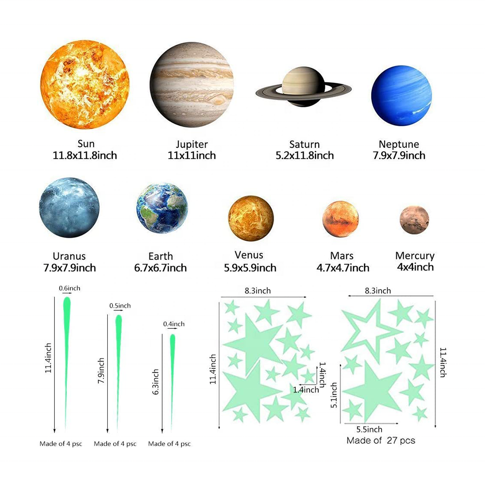 Custom  Stars and Planets Bright Solar System Wall Stickers Glowing Ceiling Decals for Kids Bedroom Shining Space Decoration