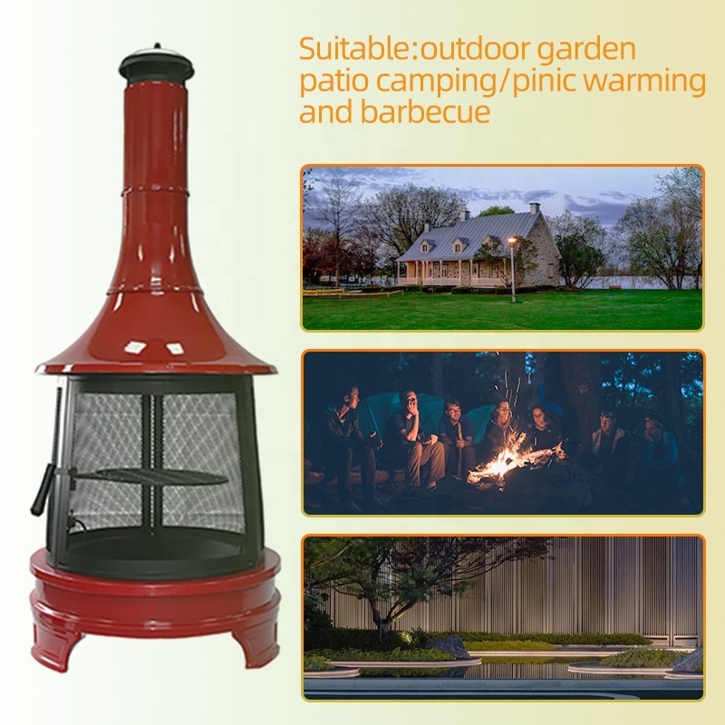 High Temperature Resistant Outdoor Garden Fire Place Red Enamel  Fire Pit with Long Chimney