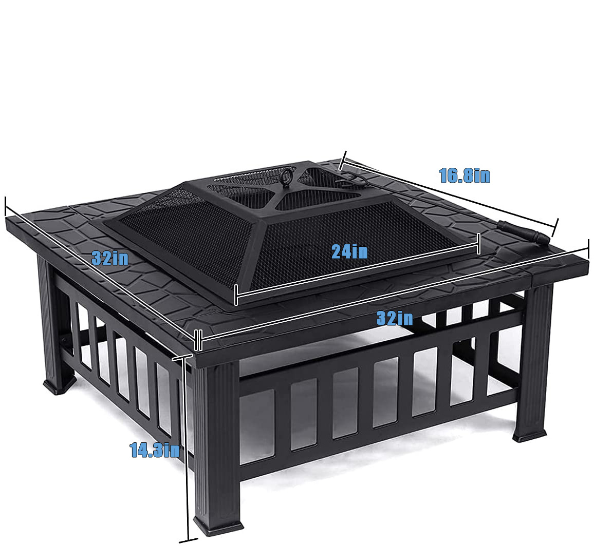 Popular designs 32inch garden wood burning Portable patio bbq table Outdoor Square metal fire pit